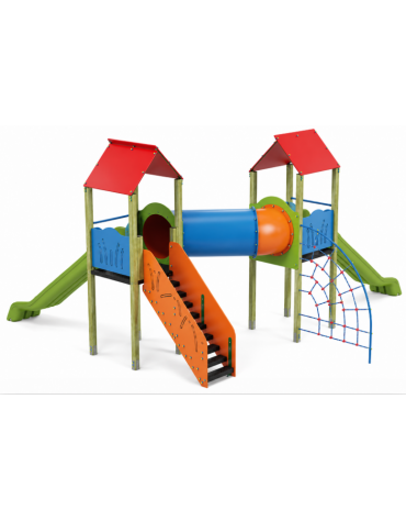 Mini villaggio con arrampicata, 2 torri e 2 scivoli, scala e pianale - cm 627x663x360h