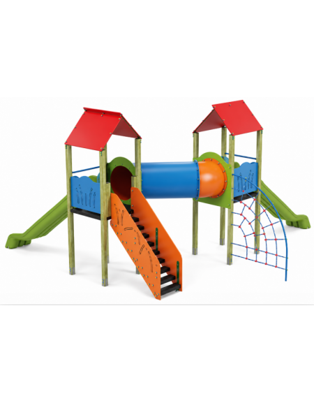 Mini villaggio con pali in legno di pino nordico, arrampicata - 2 torri e 2 scivoli - cm 627x663x360h