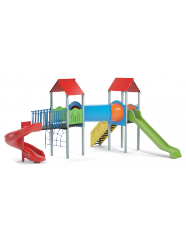 Mini villaggio con pali in alluminio, arrampicata, 2 torri e 2 scivoli, scala e pianale in lamiera - cm 636x663x360h