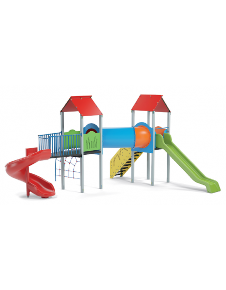 Mini villaggio con pali in alluminio, arrampicata, 2 torri e 2 scivoli, scala e pianale in lamiera - cm 636x663x360h