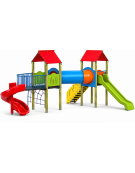 Mini villaggio con pali in pino nordico, arrampicata - 2 torri e 2 scivoli - scala e pianale in lamiera - cm 636x663x360h