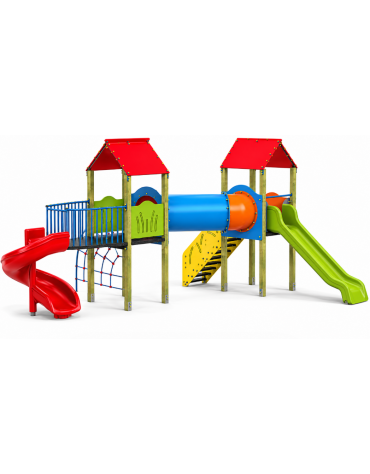 Mini villaggio con arrampicata, 2 torri e 2 scivoli, scala e pianale in lamiera bugnata - cm 600x663x360h