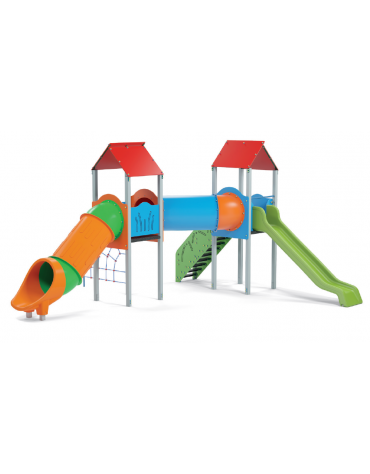 Mini villaggio con pali in alluminio, arrampicata, 2 torri e 2 scivoli di cui 1 a tunnel, scala e pianale in lamiera