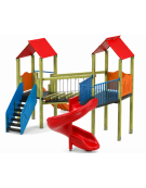 Mini villaggio, 2 torri con pali in legno di pino nordico - 2 scivoli di cui 1 elicoidale - cm 443x587x360h
