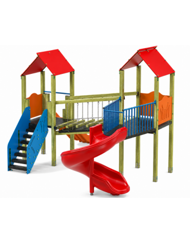 Mini villaggio, 2 torri con pali in legno di pino nordico - 2 scivoli di cui 1 elicoidale - cm 443x587x360h