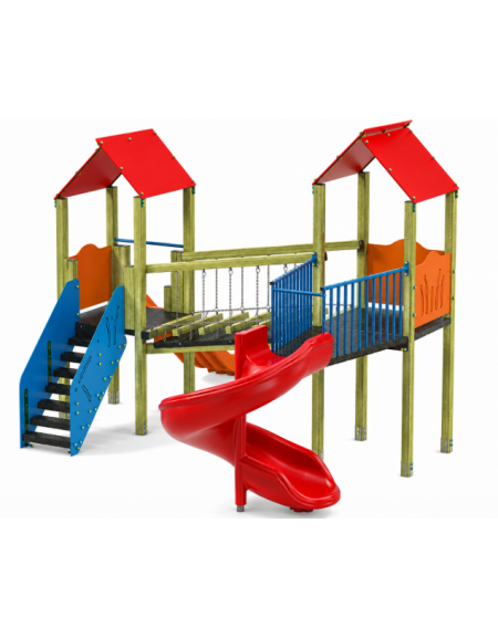 Mini villaggio, 2 torri con pali in legno di pino nordico - 2 scivoli di cui 1 elicoidale - cm 443x587x360h