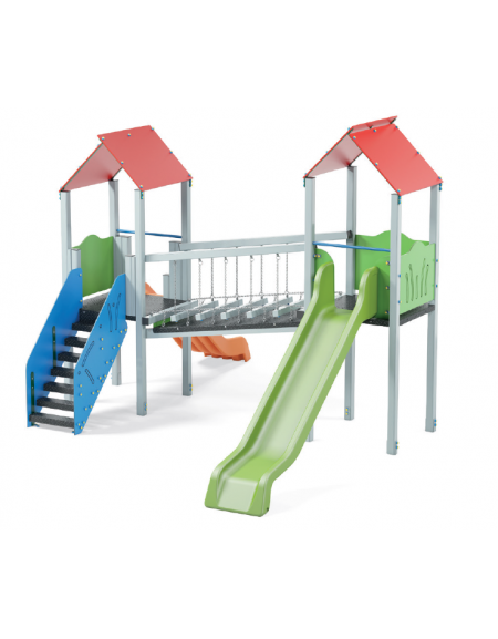 Mini villaggio, 2 torri pali in alluminio e 2 scivoli, scala e pianale in lamiera bugnata - cm 443x577xh360
