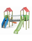 Mini villaggio, 2 torri con pali in legno di pino nordico - 2 scivoli - scala in lamiera - cm 443x577x360h