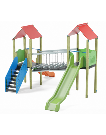 Mini villaggio, 2 torri con pali in legno di pino nordico - 2 scivoli - scala in lamiera - cm 443x577x360h