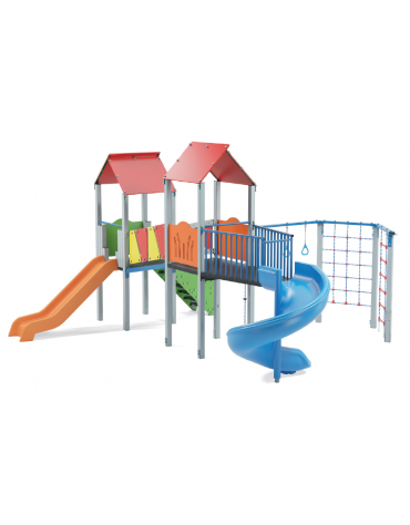 Mini villaggio con palestra, 2 torri pali in alluminio e 2 scivoli di cui 1 elicoidale, 1 palestrina - cm 639x622xh360