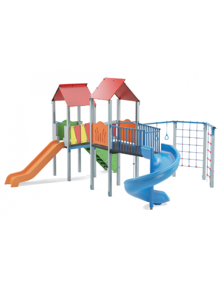 Mini villaggio con palestra, 2 torri pali in alluminio e 2 scivoli di cui 1 elicoidale, 1 palestrina - cm 639x622xh360
