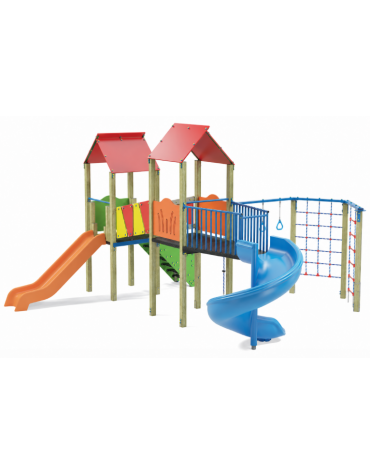 Mini villaggio con palestra, 2 torri, pali in legno di pino nordico e 2 scivoli di cui 1 elicoidale - cm 639x622x360h