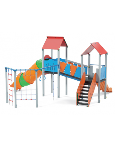 Mini villaggio con palestra, 2 torri con pali in alluminio e 2 scivoli di cui 1 a tunnel, 1 palestrina - cm 697x622x360h
