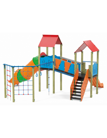 Mini villaggio con palestra, 2 torri, pali in legno di pino nordico e 2 scivoli di cui 1 a tunnel - cm 697x622x360h