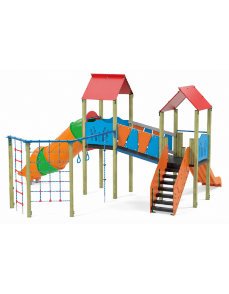 Mini villaggio con palestra, 2 torri e 2 scivoli di cui 1 a tunnel, 1 palestrina - cm 697x622x360h
