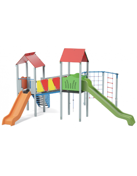 Mini villaggio con palestra, 2 torri con pali in alluminio e 2 scivoli, 1 palestrina - cm 629x622xh360