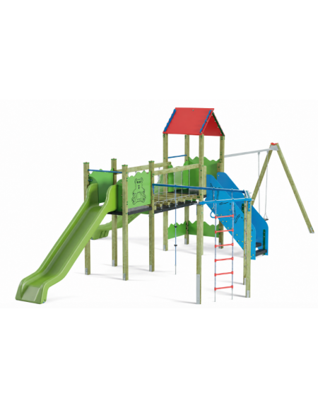Villaggio attrezzato, 2 torri, 2 scivoli, 1 palestra, 1 altalena - cm 1038x679x360h