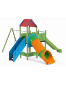 Doppia torre con 2 scivoli di cui 1 con tunnel in polietilene rotazionale, 1 altalena - cm 625x778x360h