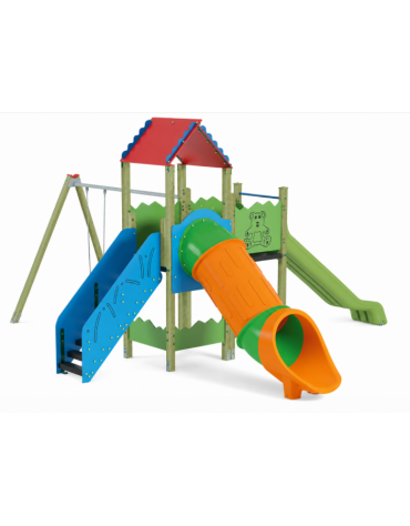 Doppia torre con 2 scivoli di cui 1 con tunnel in polietilene rotazionale, 1 altalena - cm 625x778x360h