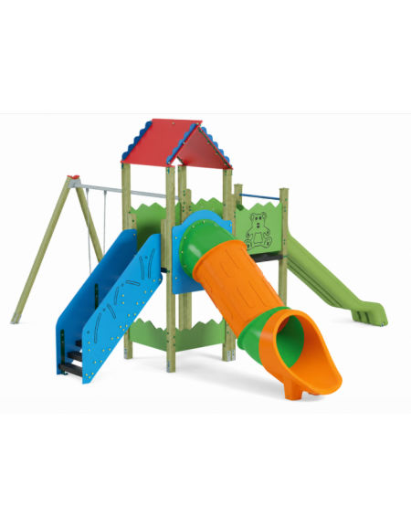 Doppia torre con 2 scivoli di cui 1 con tunnel in polietilene rotazionale, 1 altalena - cm 625x778x360h