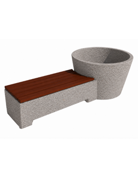 Panchina con fioriera tonda in cemento colore Bianco sabbiato - seduta rivestita in legno - cm 230x129x100h - Conforme ai CAM