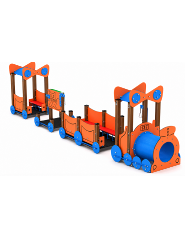 Gioco componibile trenino con pali in alluminio rifiniti in legno light e 1 tunnel in polietilene - cm 1004x124x223h