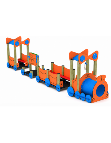 Gioco componibile trenino con pali in legno di pino nordico e 1 tunnel in polietilene - cm 1004x124x223h