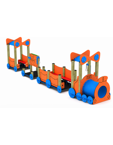 Gioco componibile trenino con pali in legno di pino nordico e 1 tunnel in polietilene - cm 1004x124x223h