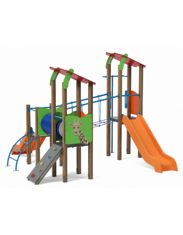 Villaggio con 3 torri (2 con tetto), struttura in alluminio rifinita in legno light, 2 scivoli in polietilene - cm 431x445x317h