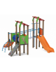 Villaggio con 3 torri (2 con tetto), struttura in alluminio rifinita in legno light, 2 scivoli in polietilene - cm 431x445x317h