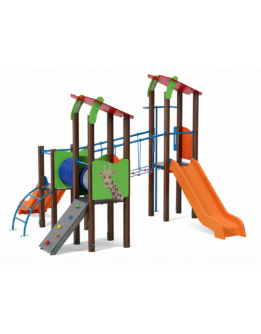 Villaggio con 3 torri (2 con tetto), struttura in alluminio rifinita in legno dark - 2 scivoli in polietilene - cm 431x445x317h