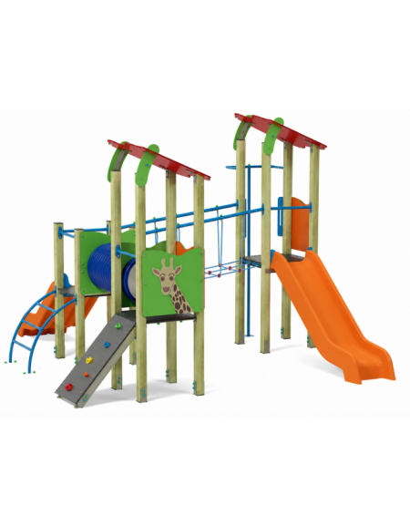 Villaggio con 3 torri (2 con tetto), struttura in legno di pino, 2 scivoli in polietilene rotazionale - cm 431x445x317h