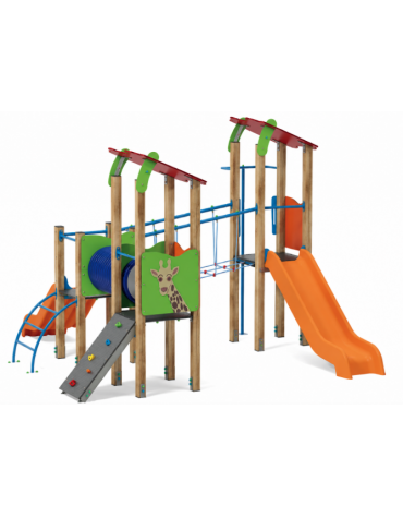 Villaggio con 3 torri (2 con tetto), struttura in legno termotrattato, 2 scivoli in polietilene rotazionale - cm 431x445x317h