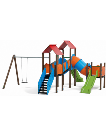 Medio villaggio con altalena, 3 torri con pali in alluminio rifiniti in legno light e 2 scivoli, 1 altalena - cm 705x736x360h