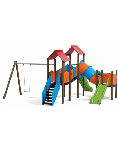 Medio villaggio con altalena, 3 torri con pali in alluminio rifiniti in legno light e 2 scivoli, 1 altalena - cm 705x736x360h