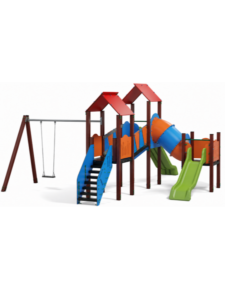 Medio villaggio con altalena, 3 torri con pali in plastica riciclata e 2 scivoli, 1 altalena - cm 705x736x360h