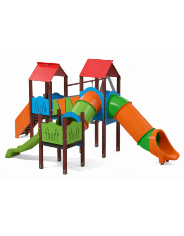 Medio villaggio con altalena, 3 torri con pali in plastica riciclata e 2 scivoli di cui 1 a tunnel - cm 705x804x360h