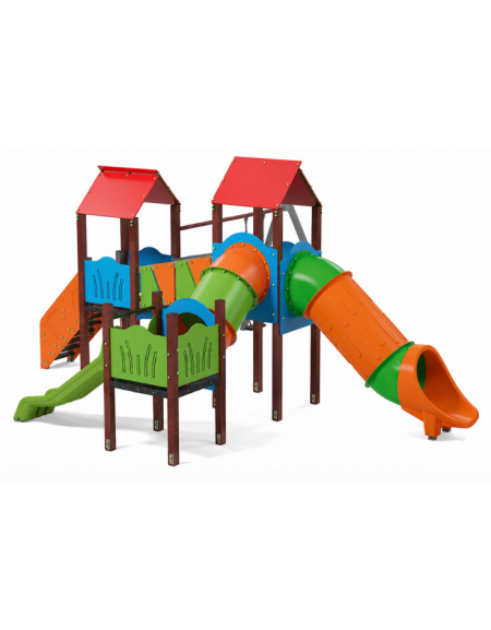 Medio villaggio con altalena, 3 torri con pali in plastica riciclata e 2 scivoli di cui 1 a tunnel - cm 705x804x360h