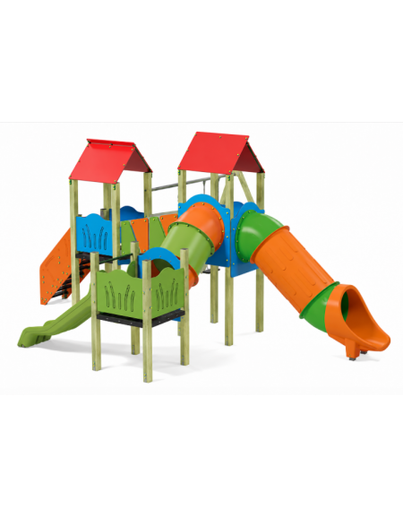 Medio villaggio con altalena, 3 torri con pali in legno di pino nordico e 2 scivoli di cui 1 a tunnel - cm 704x804x360h