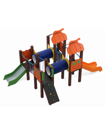 Mini villaggio con 4 torri (2 con tetto), pali in plastica riciclata, 1 scivolo in acciaio e 1 in polietilene - cm 400x539x264h