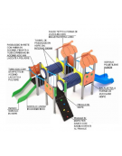 Mini villaggio con 4 torri (2 con tetto), pali in plastica riciclata, 1 scivolo in acciaio e 1 in polietilene - cm 400x539x264h