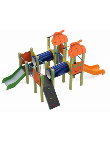 Mini villaggio con 4 torri (2 con tetto), pali in legno di pino, 1 scivolo in acciaio e 1 in polietilene - cm 400x539x264h