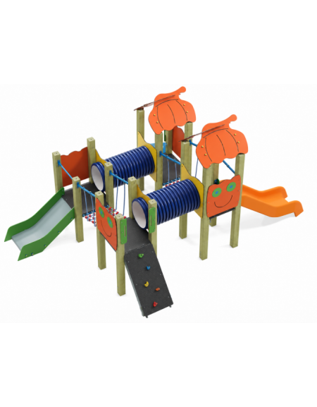 Mini villaggio con 4 torri (2 con tetto), pali in legno di pino, 1 scivolo in acciaio e 1 in polietilene - cm 400x539x264h