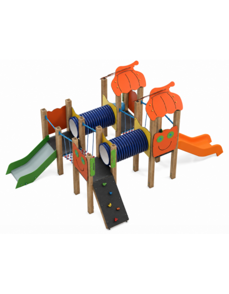 Mini villaggio con 4 torri (2 con tetto), pali in legno termotrattato, 1 scivolo in acciaio e 1 in polietilene - cm 400x539x264h