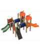 Mini villaggio con 4 torri (2 con tetto), pali in legno termotrattato, 1 scivolo in acciaio e 1 in polietilene - cm 400x539x264h