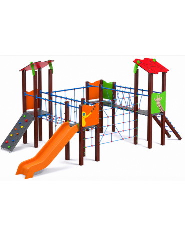Villaggio con 4 torri (2 con tetto), struttura in plastica riciclata, scivolo in polietilene e arrampicata - cm 680x370x317h