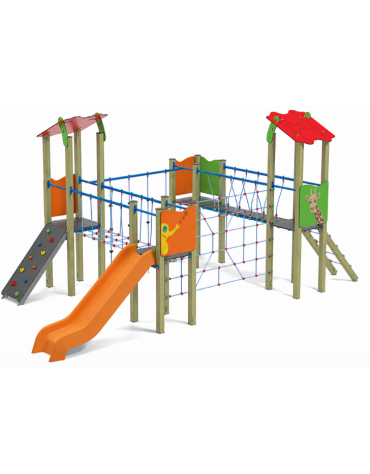 Villaggio con 4 torri (2 con tetto), struttura in legno di pino, scivolo in polietilene e arrampicata - cm 680x370x317h