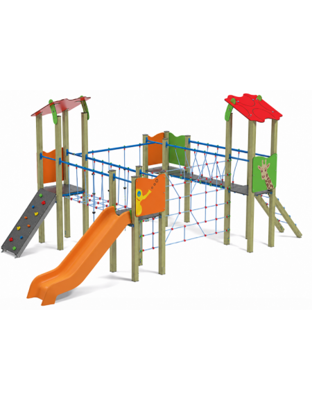 Villaggio con 4 torri (2 con tetto), struttura in legno di pino, scivolo in polietilene e arrampicata - cm 680x370x317h