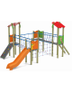 Villaggio con 4 torri (2 con tetto), struttura in legno di pino, scivolo in polietilene e arrampicata - cm 680x370x317h