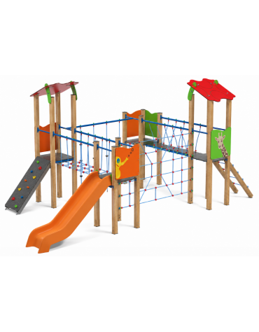 Villaggio con 4 torri (2 con tetto), struttura in legno termotrattato, scivolo in polietilene e arrampicata - cm 680x370x317h